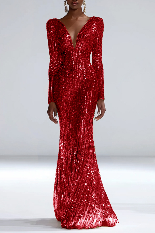 Formal Party Business Work Velvet V Neck Ruffle Maxi Sloping Shoulder