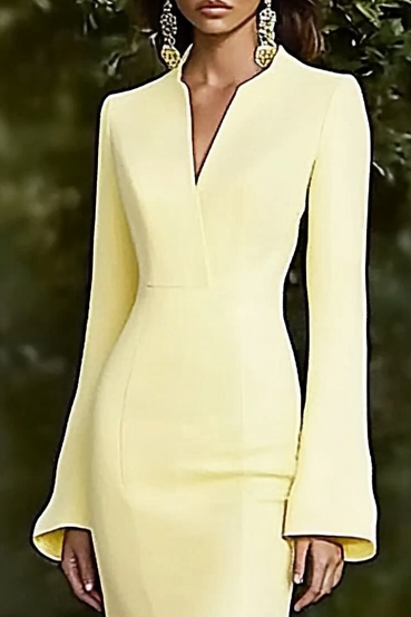 Party Work Yellow V Neck Split Long Sleeve Maxi Dress