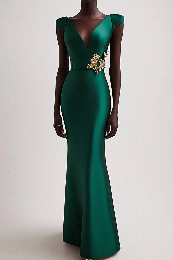 Formal Party Business Work Velvet V Neck Ruffle Maxi Sloping Shoulder