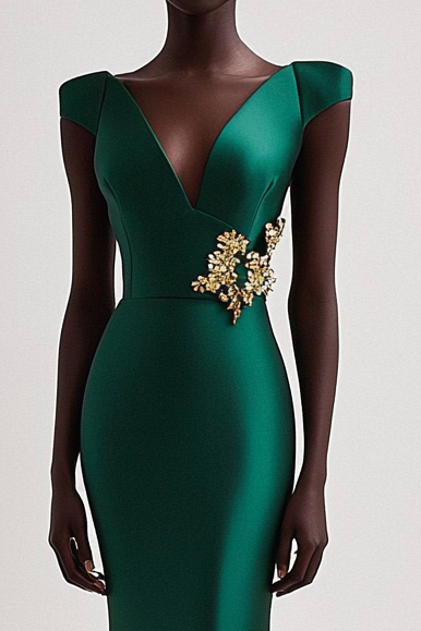 Formal Party Deep V Emerald Green Satin Gold Floral Decoration Maxi Dress