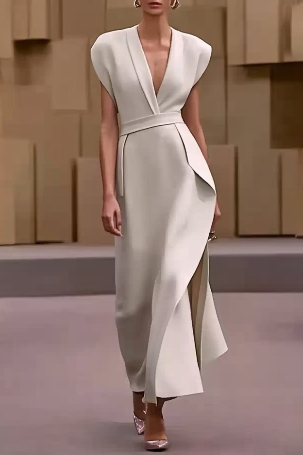 Formal Party Business Work Velvet V Neck Ruffle Maxi Sloping Shoulder