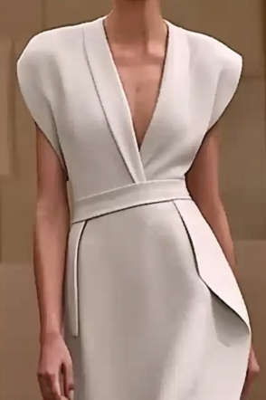 Formal Party Work V Neck Elegant Minimalist White Evening Gown Maxi Dress