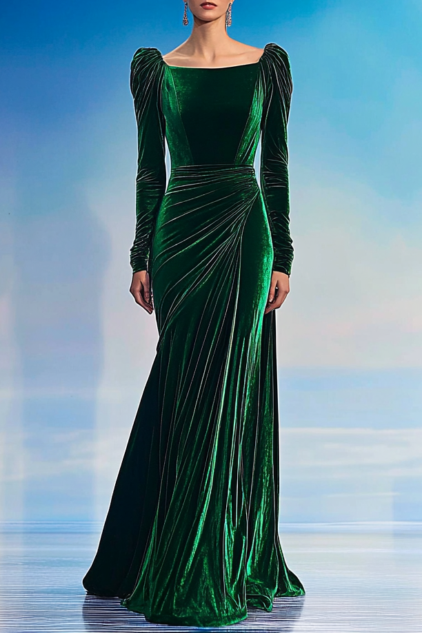 Formal Party Business Work Velvet V Neck Ruffle Maxi Sloping Shoulder