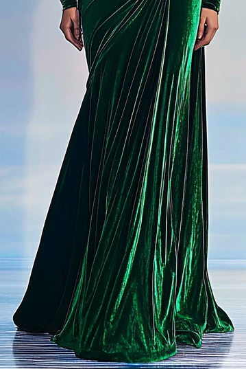 Formal Party Work Elegant Velvet Wrinkles Shoulder Pad Design Maxi Dress