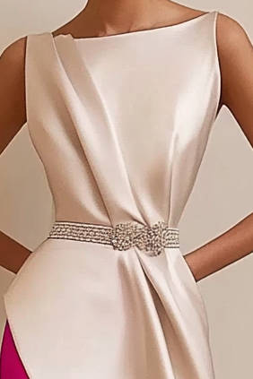 Daily Party Work Pink Side Boat Neck Sleeveless Champagne Belt Midi Dress