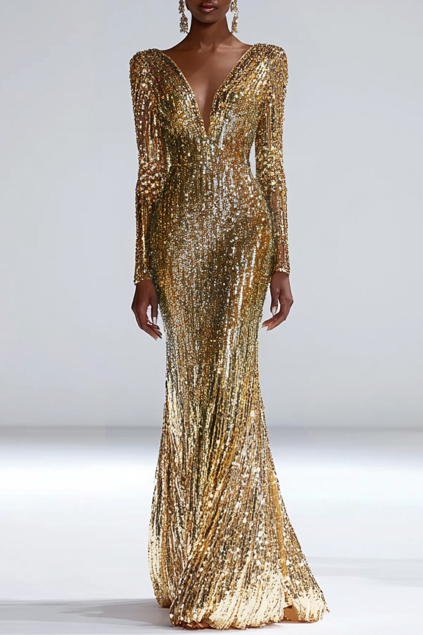 Pre Order Formal Party Work Wedding V Neck Gradient Blue Gold Sequin Maxi Dress