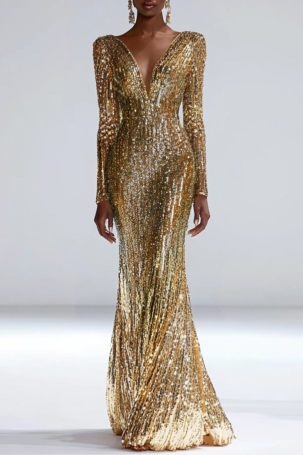 Pre Order Formal Party Work Wedding V Neck Gradient Blue Gold Sequin Maxi Dress