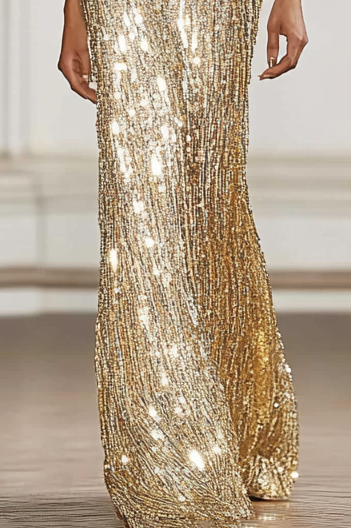 Formal Work Party Golden Sequins Off Shoulder Maxi Dress
