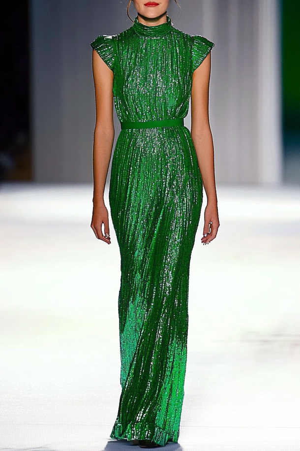 Formal Party Business Work Velvet V Neck Ruffle Maxi Sloping Shoulder