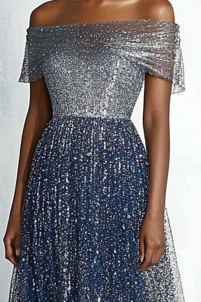 Formal Work Party Grayish Purple Sequins Off Shoulder Maxi Dress