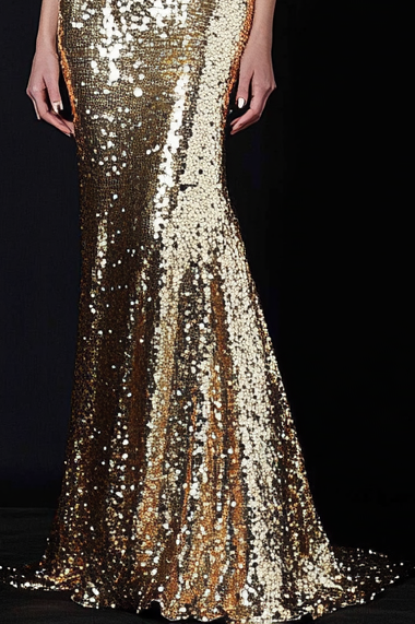 Formal Party Work Sequins Fishtail Boat Neck Golden Maxi Dress  