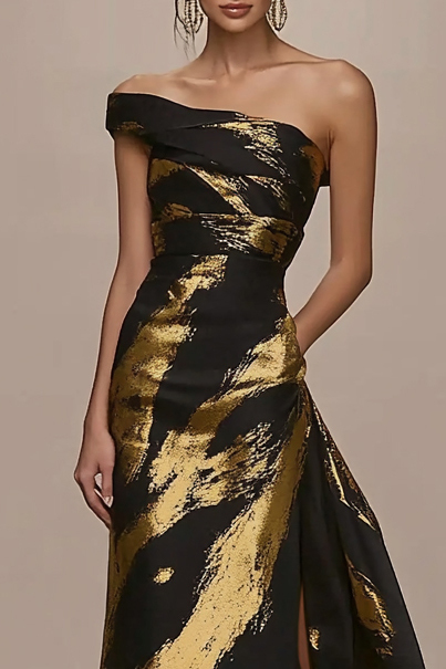 Party Work Black Gold Off Shoulder Split Maxi Dress  