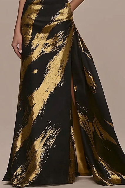 Party Work Black Gold Off Shoulder Split Maxi Dress  