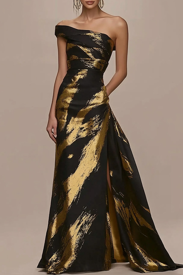Party Work Black Gold Off Shoulder Split Maxi Dress  