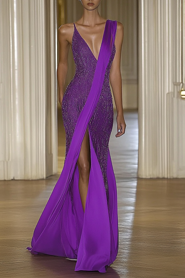 Formal Party Business Work Velvet V Neck Ruffle Maxi Sloping Shoulder