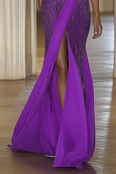 Formal Party Holiday Purple Deep V Sequin Silt Maxi Dress  