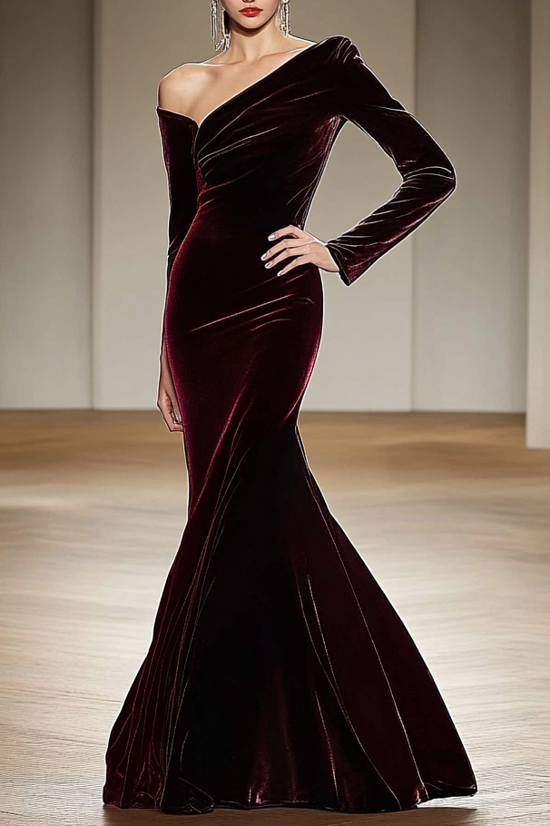 Formal Party Business Work Velvet V Neck Ruffle Maxi Sloping Shoulder