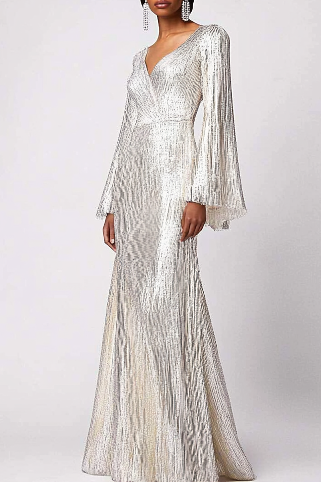 Formal Party Business Work Velvet V Neck Ruffle Maxi Sloping Shoulder