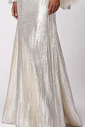Party Work Silver Sequins V Neck Long Sleeve Maxi Dress  