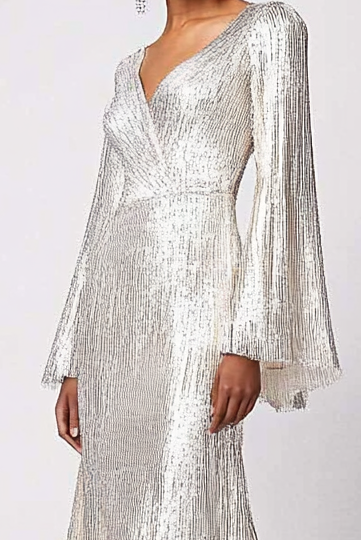 Party Work Silver Sequins V Neck Long Sleeve Maxi Dress  