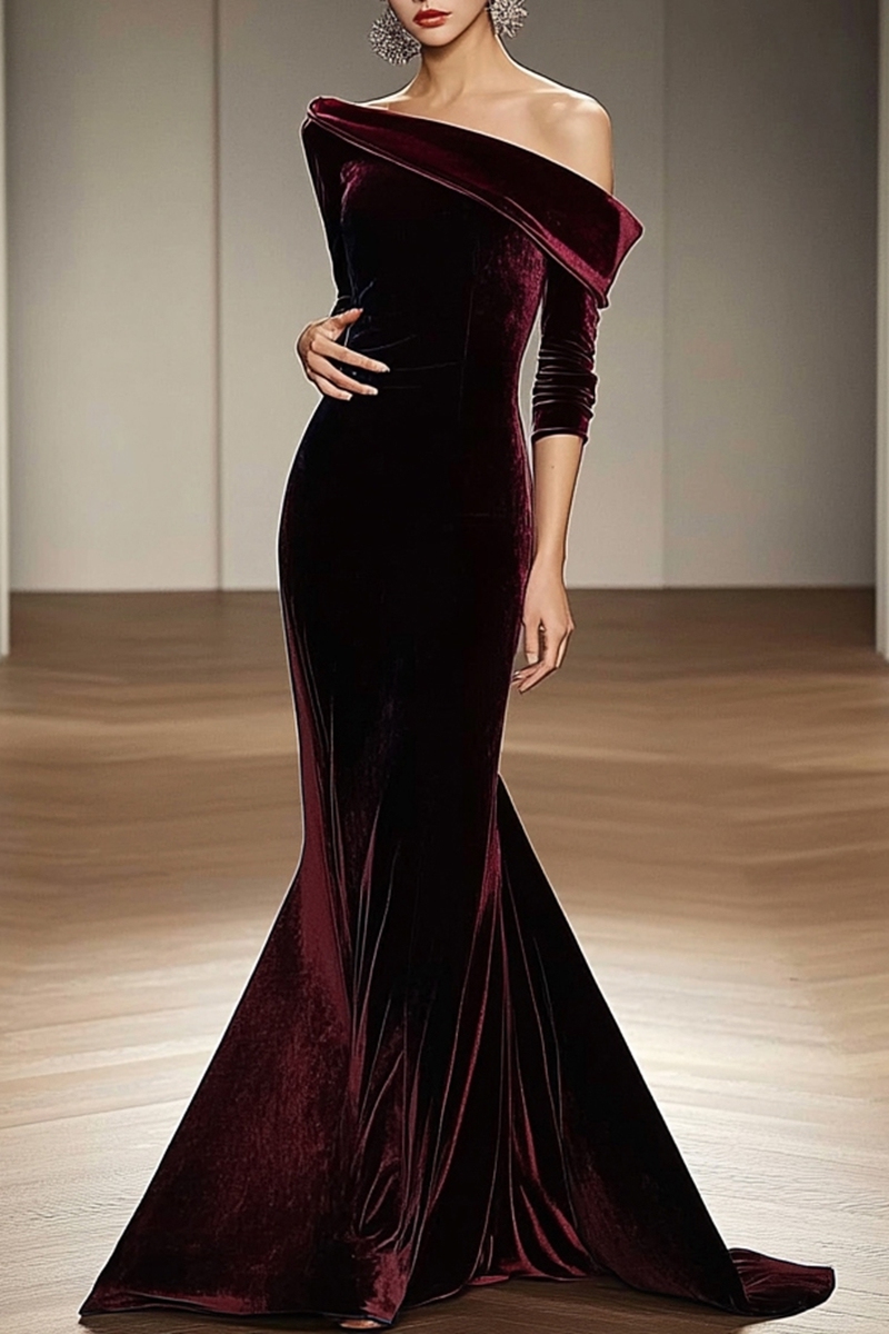 Christmas Formal Velvet Dress Red Mermaid Maxi Dress