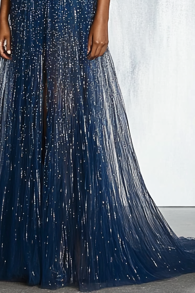 Formal Work Party Gray Blue Sequins Boat Neck Maxi Dress