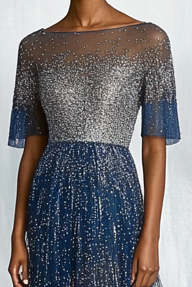 Formal Work Party Gray Blue Sequins Boat Neck Maxi Dress