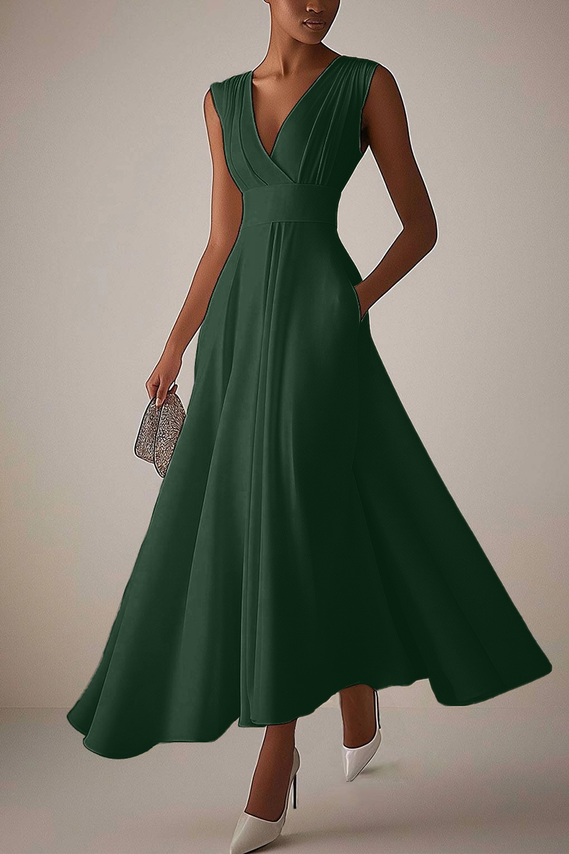 Evening Elegant Dress Sleeveless Deep V Neck Pleated Design Ball Gown Maxi Dress