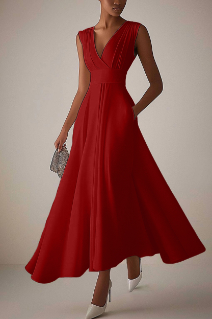 Evening Elegant Dress Sleeveless Deep V Neck Pleated Design Ball Gown Maxi Dress