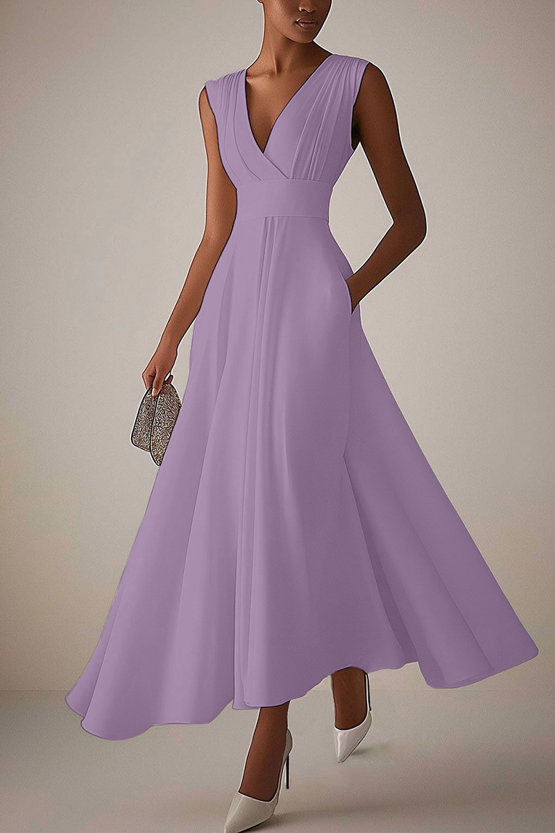 Evening Elegant Dress Sleeveless Deep V Neck Pleated Design Ball Gown Maxi Dress