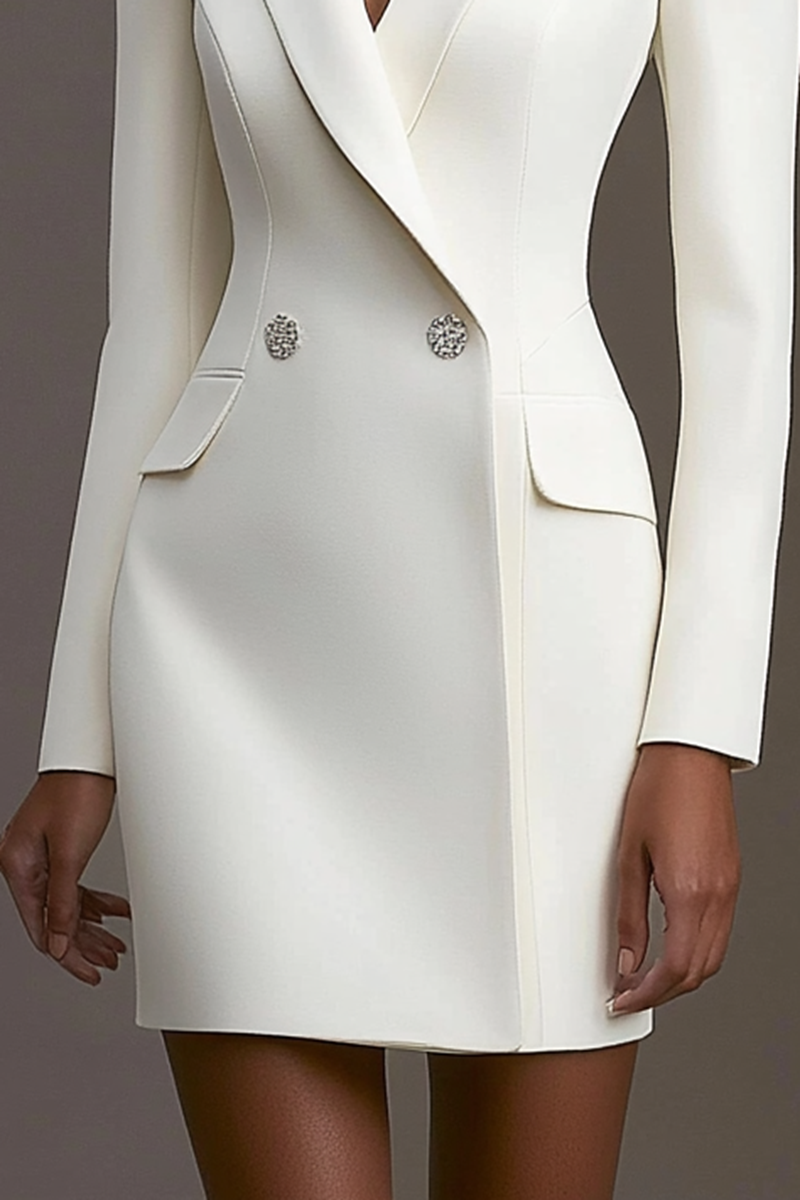 Semi-formal business outfit featuring structured white blazer dress