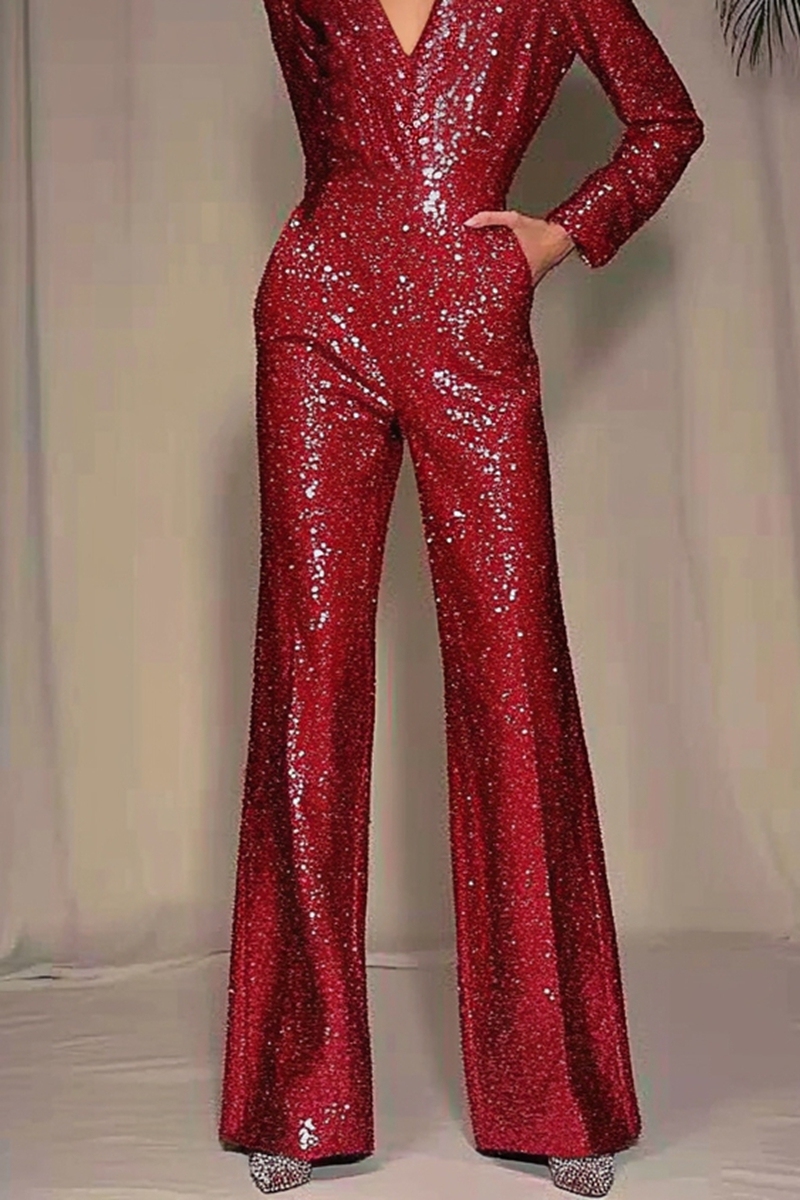 Holiday Christmas Sequin Jumpsuit Long Sleeve Party Red Jumpsuit