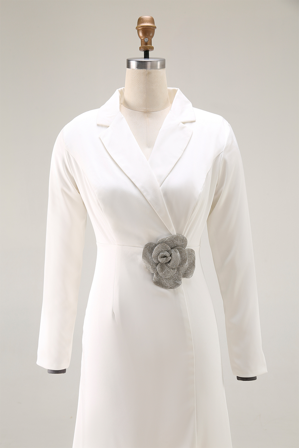 Work Semi-Formal Blazer Dress White Rhinestone Flower Mermaid Midi Dress