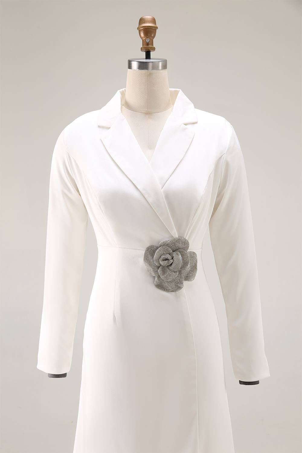 Work Semi-Formal Blazer Dress White Rhinestone Flower Mermaid Midi Dress