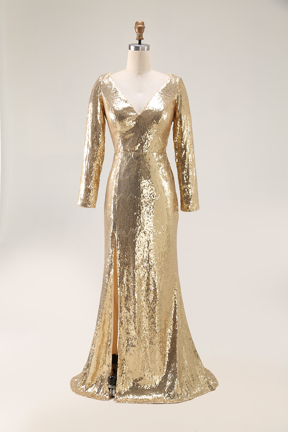 Gold  Dress Sequin High Slit Long Sleeve Mermaid Maxi Dress