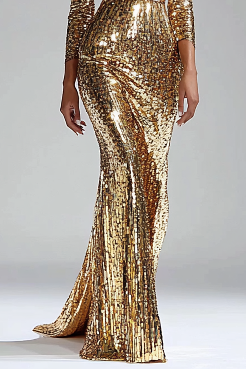 Gold Christmas Dress Sequin Long Sleeve Mermaid Maxi Dress