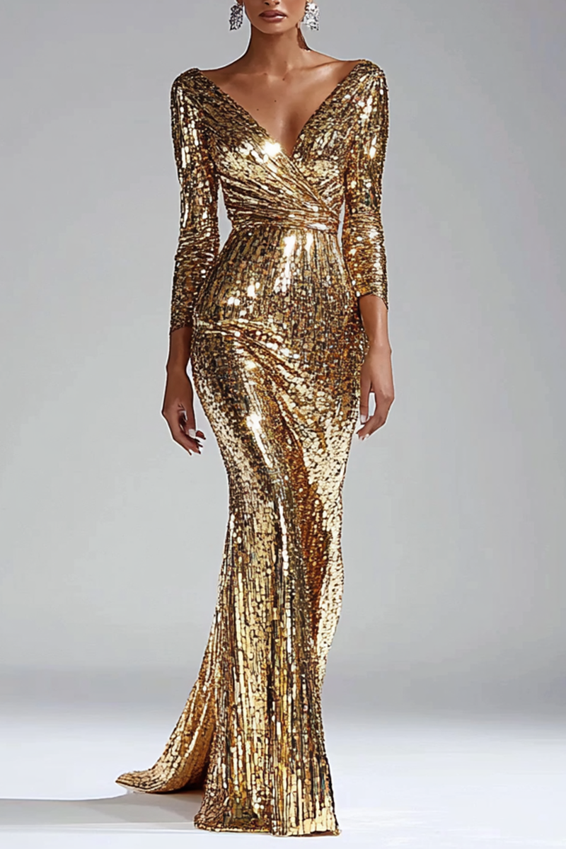 Gold Christmas Sequin High-Slit Mermaid Maxi Dress