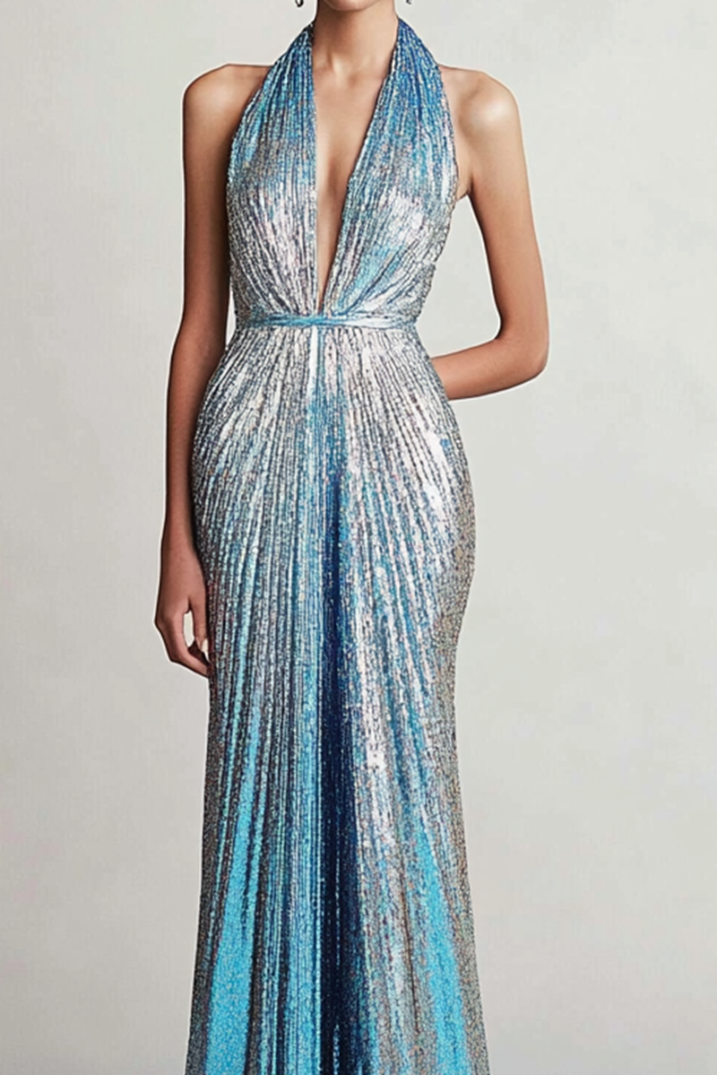 Full-body shot of model in sequin halter dress, showing the sparkling fabric under evening lights.