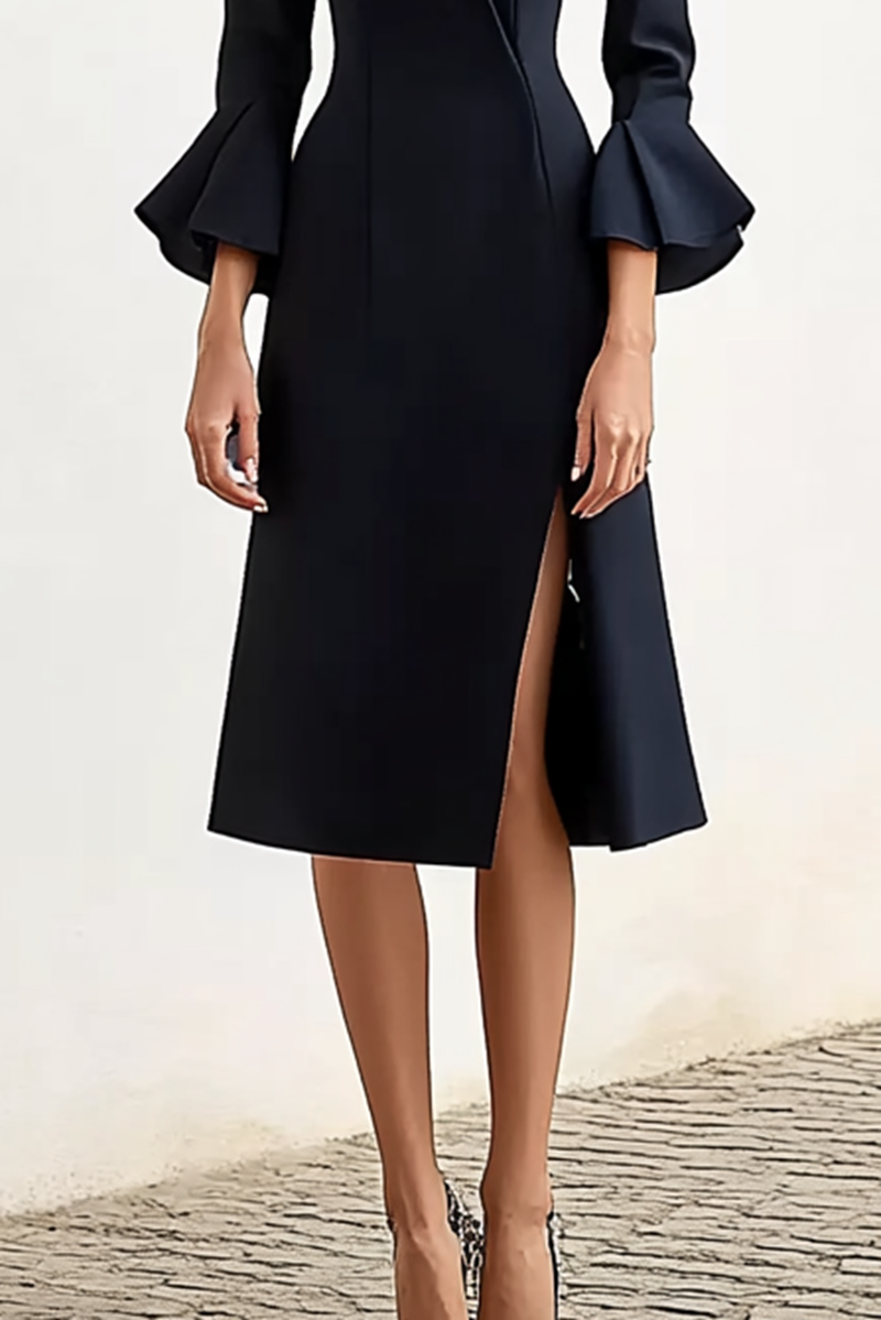 Elegant black office dress with flowing sleeves
