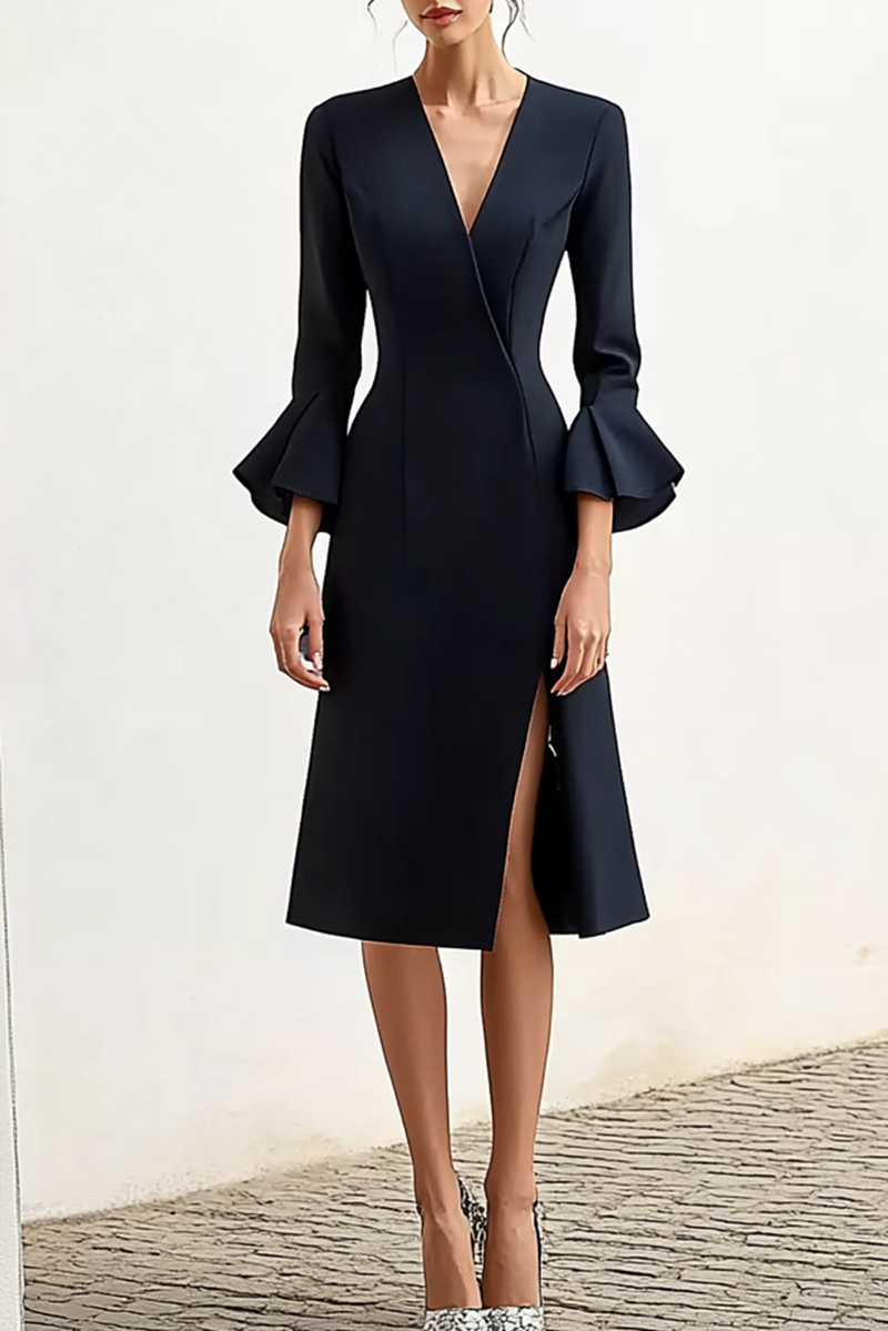 Black semi formal work dress with V neck and bell sleeves