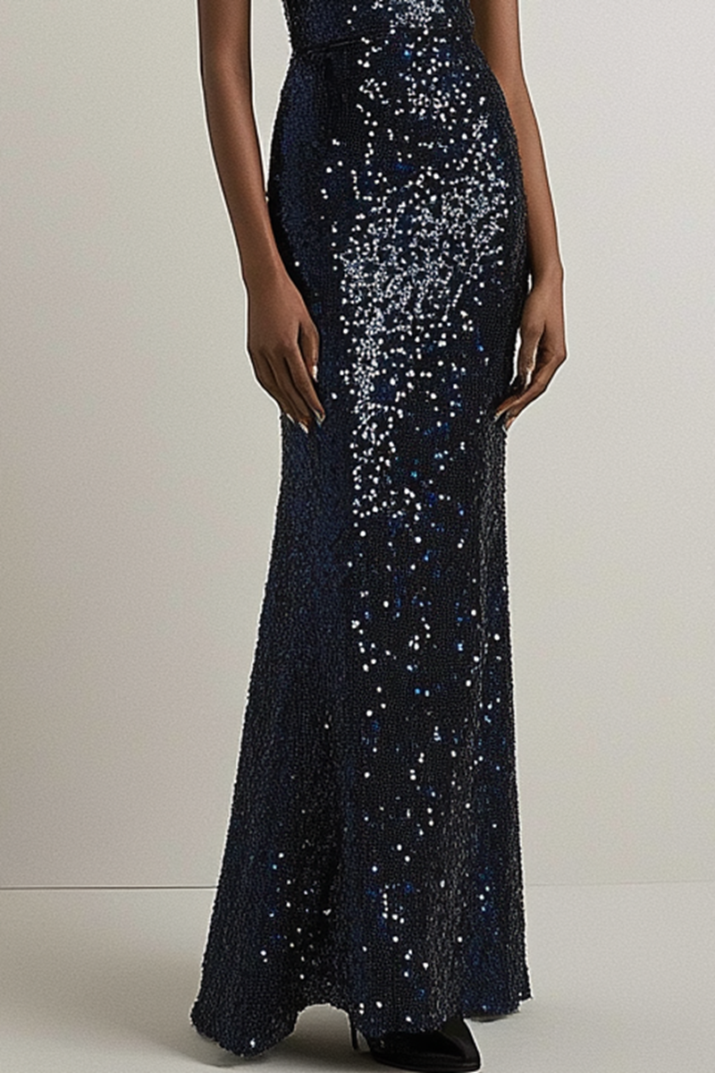 Formal Evening Sequins Dress Boat Neck Off Shoulder Black Maxi Dress  