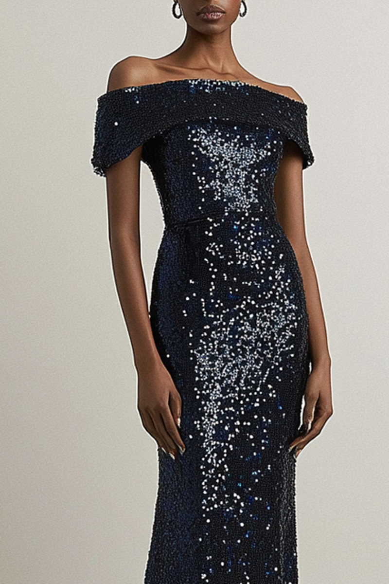 Formal Evening Sequins Dress Boat Neck Off Shoulder Black Maxi Dress  