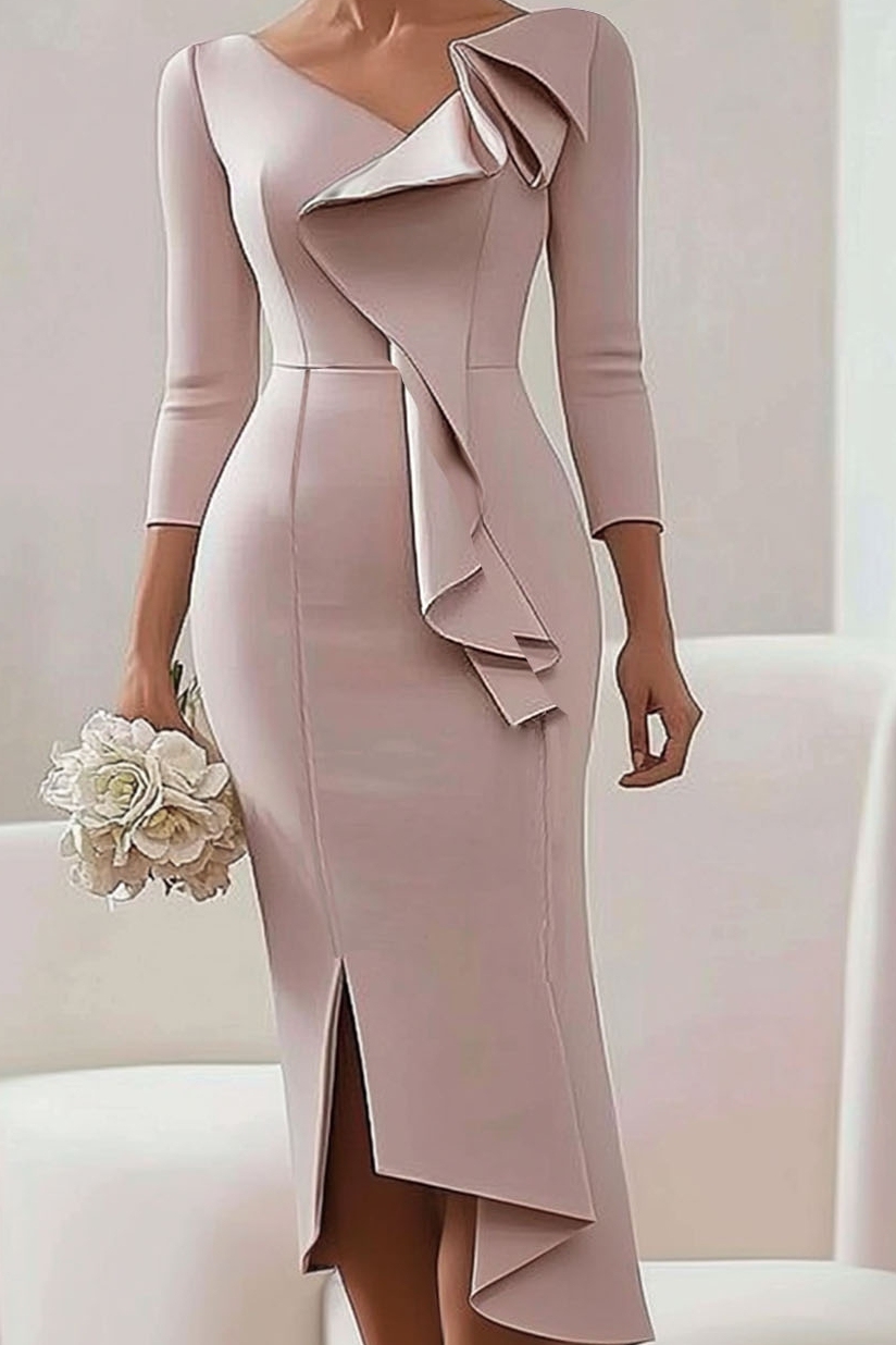 Wedding Guest Work Dress Ruffle  V Neck Midi Dress