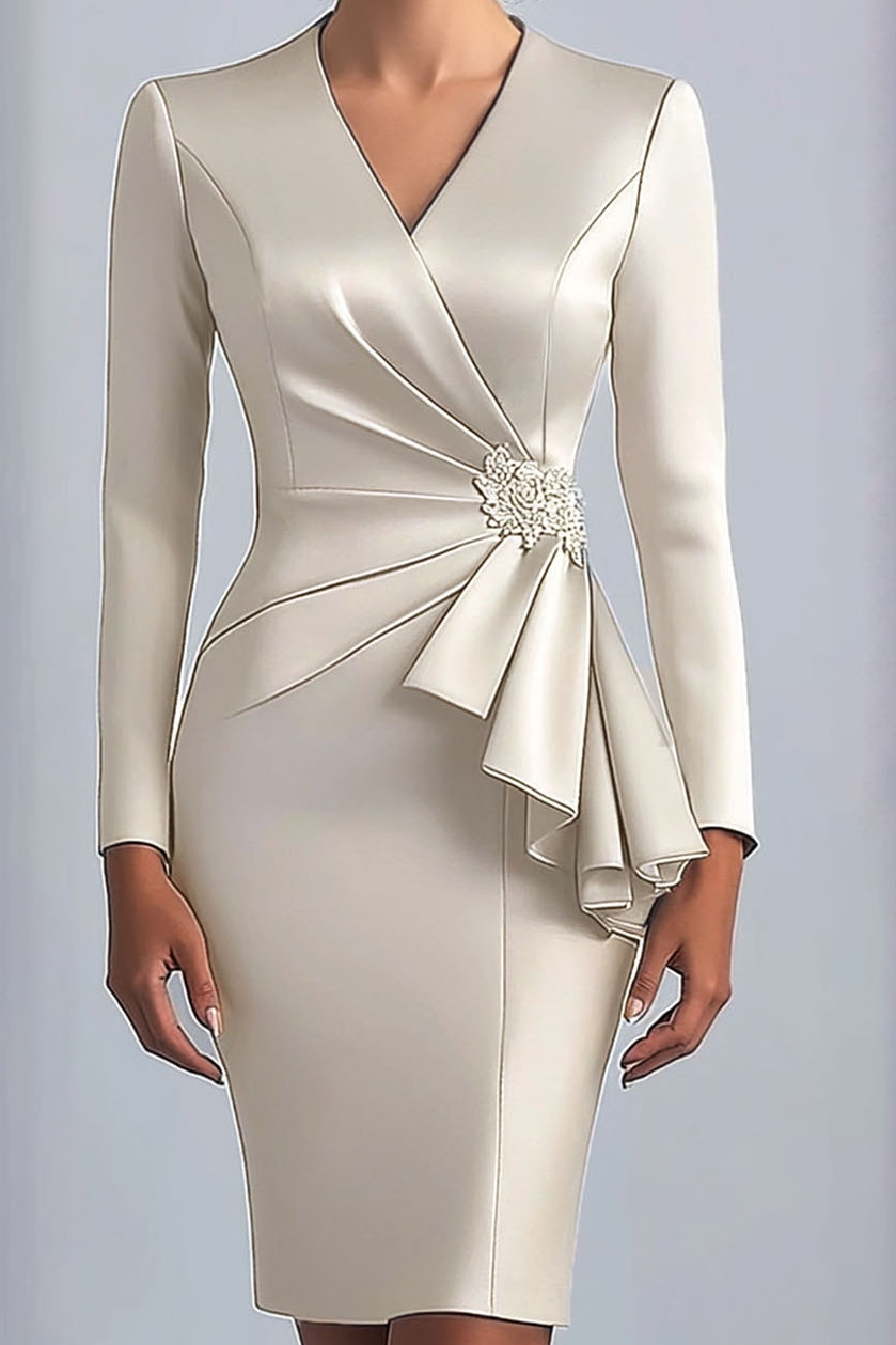 White Wedding Guest Work Dress Ruffle V Neck Midi Dress