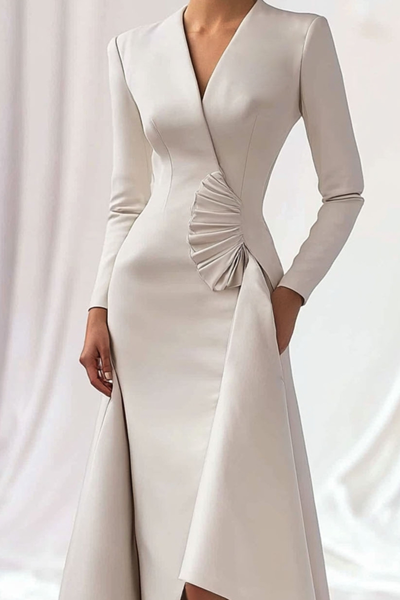 White Work Wedding Guest  Blazer Dress Ruffle V Neck Midi Dress