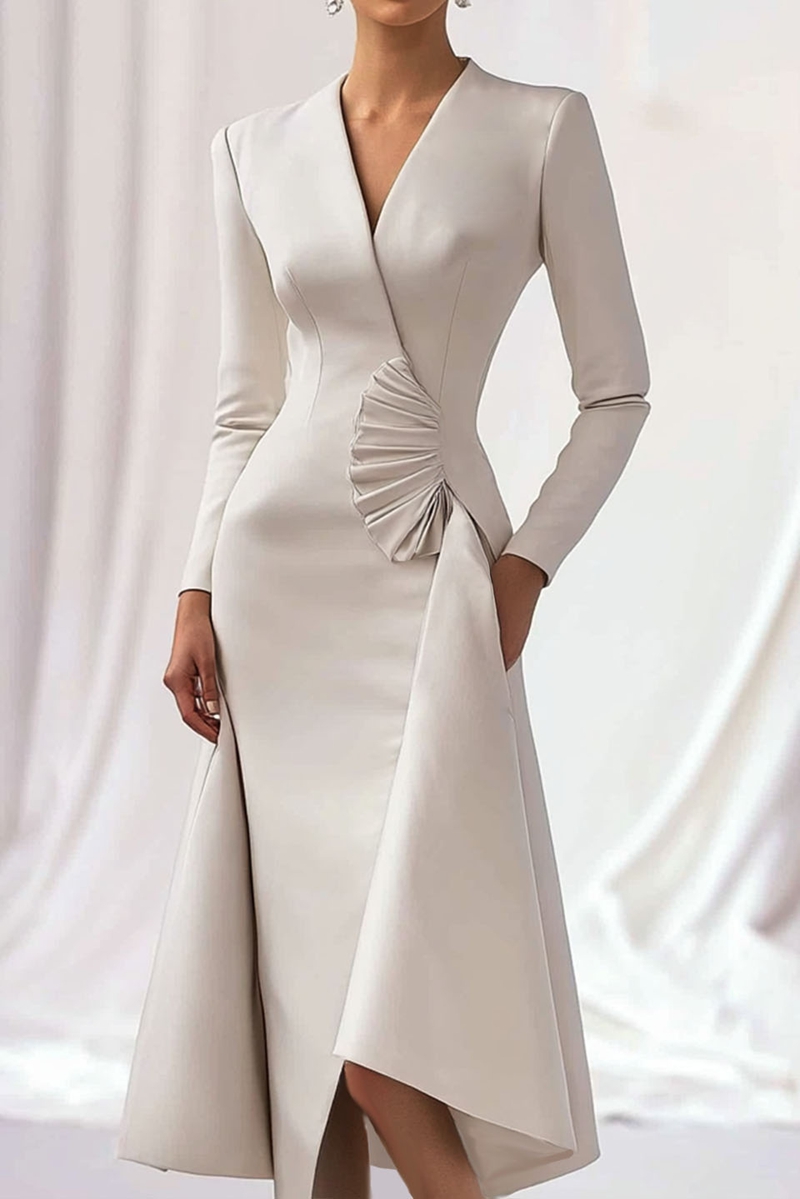 Work Semi-Formal Dress White V Neck Long Sleeve Midi Dress – chiclody