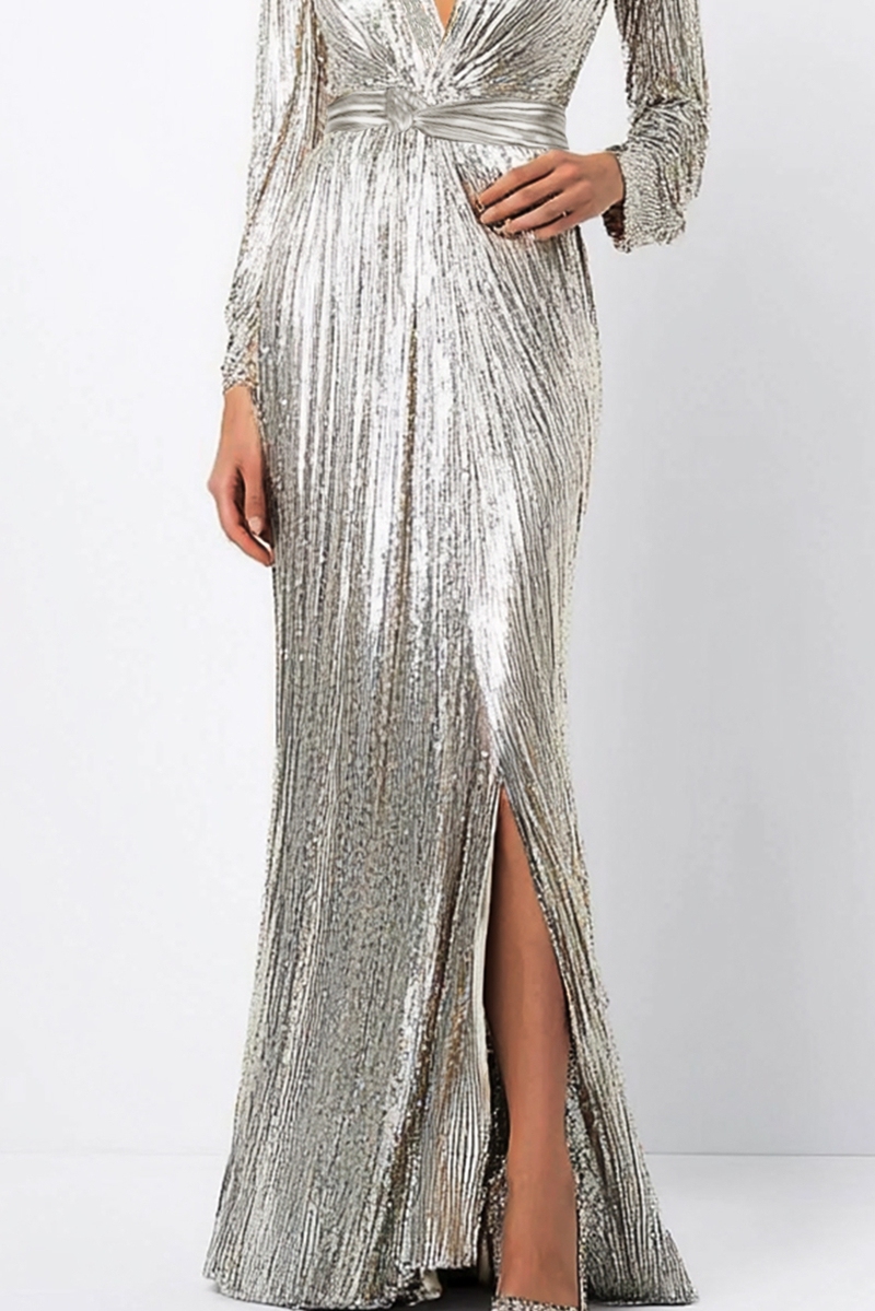 Formal Party  Dress Silver Glitter Sequins V Neck Maxi Dress  