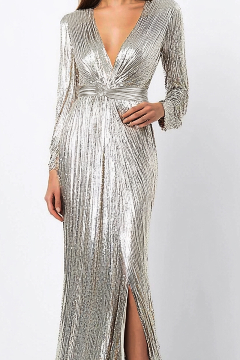 Formal Party  Dress Silver Glitter Sequins V Neck Maxi Dress  