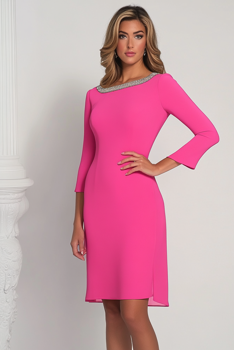 Work Business Dress Long Sleeve Rose Pink Rhinestones Midi Dress