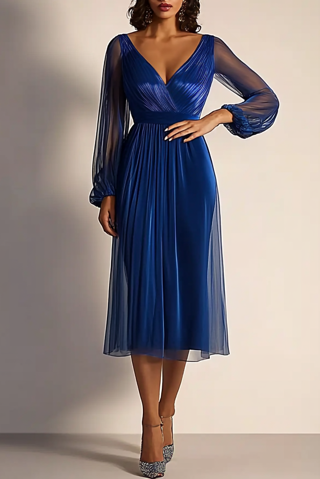 Daily Work Navy Mesh Dress V Neck  See Through Pleat Midi Dress  